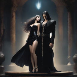 A sexy sorceress in a black velvet mini dress is positioned on top of a man