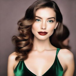 A woman with wavy brown hair, big green eyes, large lips, and prominent cheekbones, as well as a small nose