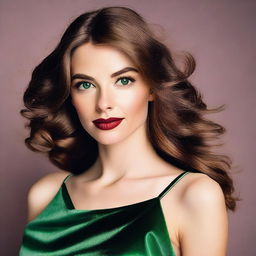 A woman with wavy brown hair, big green eyes, large lips, and prominent cheekbones, as well as a small nose