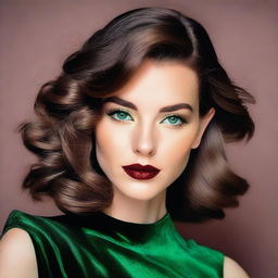 A woman with wavy brown hair, big green eyes, large lips, and prominent cheekbones, as well as a small nose