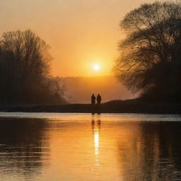 Two lovers meeting at the bank of a tranquil river, their silhouettes softly illuminated by the mesmerizing colors of a setting sun. The golden sun rays dance over the rippling water, reflecting their serene moment of togetherness.