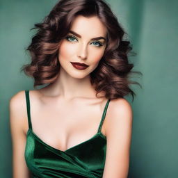 A woman with wavy brown hair, big green eyes, large lips, and prominent cheekbones, as well as a small nose