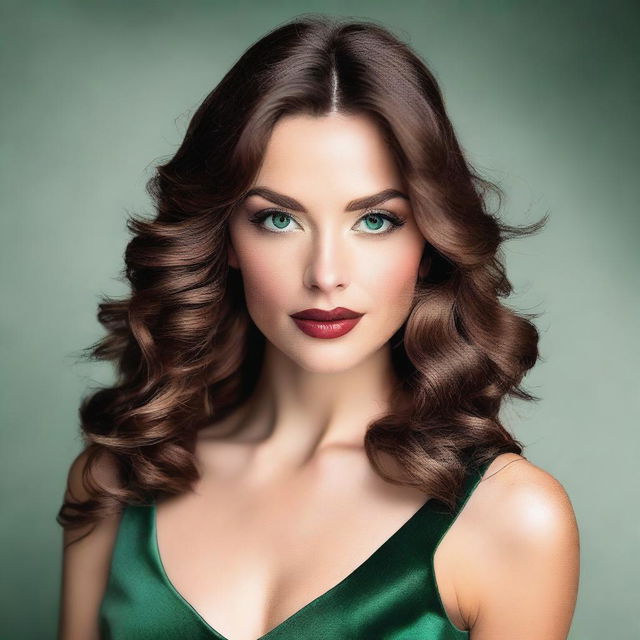 A woman with wavy brown hair, big green eyes, large lips, and prominent cheekbones, as well as a small nose