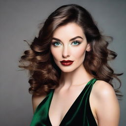 A woman with wavy brown hair, big green eyes, large lips, and prominent cheekbones, as well as a small nose