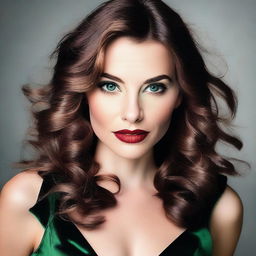 A woman with wavy brown hair, big green eyes, large lips, and prominent cheekbones, as well as a small nose