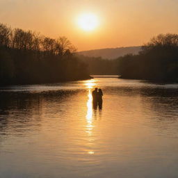 Two lovers meeting at the bank of a tranquil river, their silhouettes softly illuminated by the mesmerizing colors of a setting sun. The golden sun rays dance over the rippling water, reflecting their serene moment of togetherness.