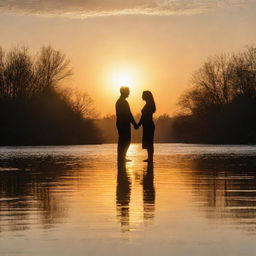 Two lovers meeting at the bank of a tranquil river, their silhouettes softly illuminated by the mesmerizing colors of a setting sun. The golden sun rays dance over the rippling water, reflecting their serene moment of togetherness.