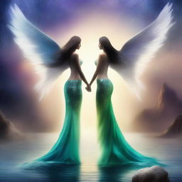 Create an image of two guardians, a woman and a man, each with angel wings and a mermaid tail