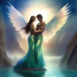 Create an image of two guardians, a woman and a man, each with angel wings and a mermaid tail