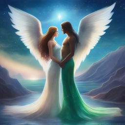 Create an image of two guardians, a woman and a man, each with angel wings and a mermaid tail