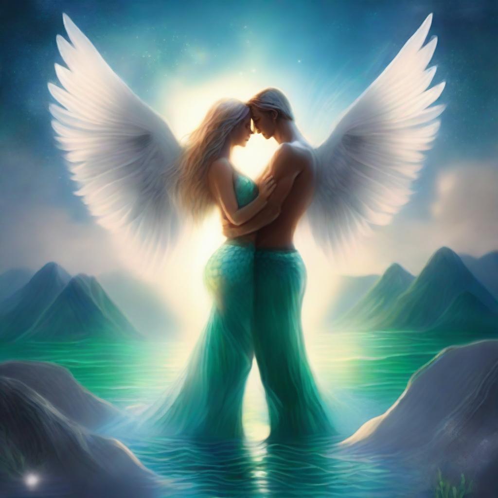 Create an image of two guardians, a woman and a man, each with angel wings and a mermaid tail