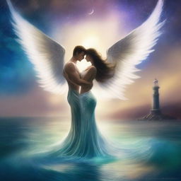 Create an image of two guardians, a woman and a man, each with angel wings and a mermaid tail