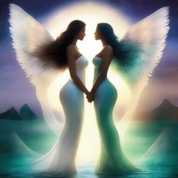 Create an image of two guardians, a woman and a man, each with angel wings and a mermaid tail