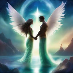 Create an image of two guardians, a woman and a man, each with angel wings and a mermaid tail