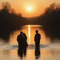 Two lovers meeting at the bank of a tranquil river, their silhouettes softly illuminated by the mesmerizing colors of a setting sun. The golden sun rays dance over the rippling water, reflecting their serene moment of togetherness.