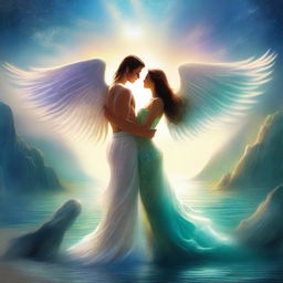 Create an image of two guardians, a woman and a man, each with angel wings and a mermaid tail