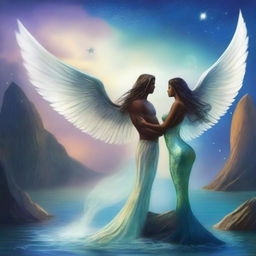 Create an image of two guardians, a woman and a man, each with angel wings and a mermaid tail