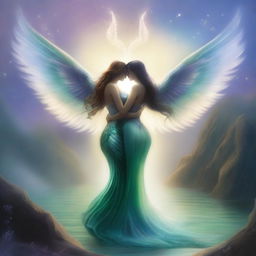 Create an image of two guardians, a woman and a man, each with angel wings and a mermaid tail