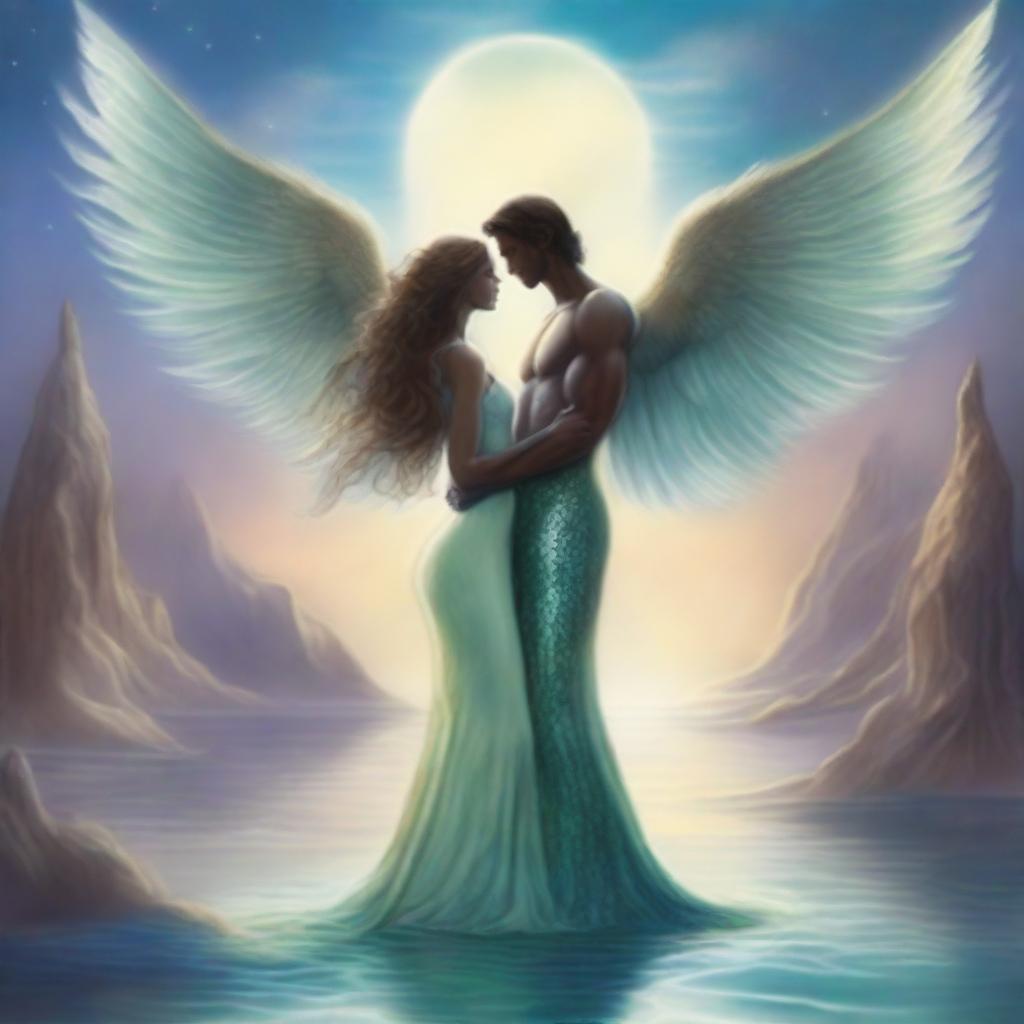 Create an image of two guardians, a woman and a man, each with angel wings and a mermaid tail