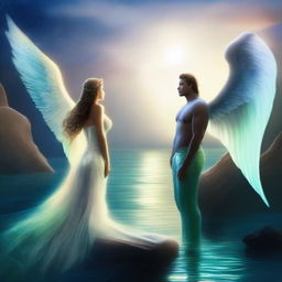 Create an image of two guardians, a woman and a man, each with angel wings and a mermaid tail