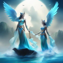 Create an image of two guardians, one representing water and the other representing air