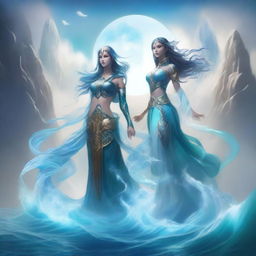 Create an image of two guardians, one representing water and the other representing air