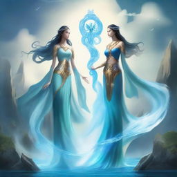 Create an image of two guardians, one representing water and the other representing air