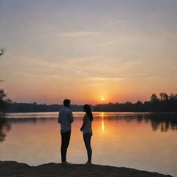 A couple finding each other at a peaceful riverside, as the sun sets in the distance. The soft hues of sunset paint the sky and water while the lovers' silhouettes create a heartwarming spectacle over the shimmering water.