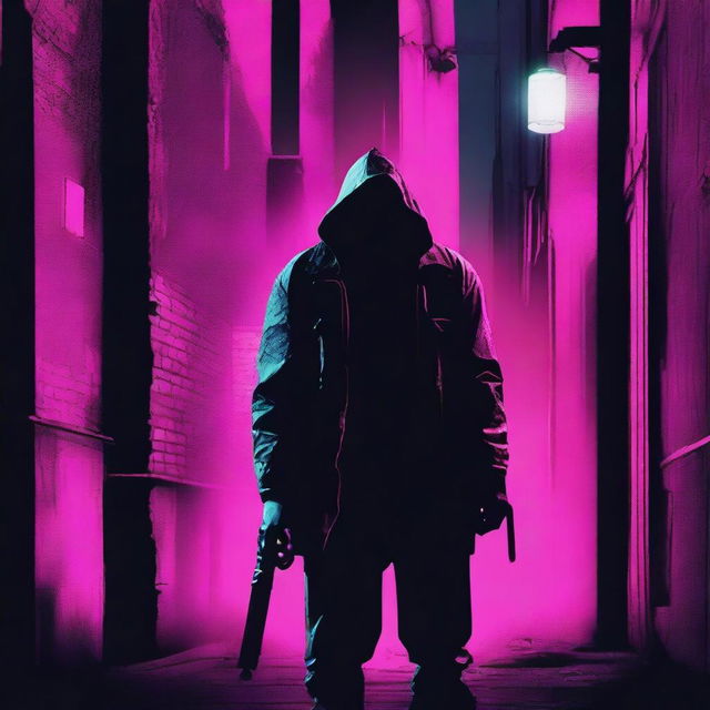 Create a 1980s style maniac poster featuring a menacing figure in a dark alleyway