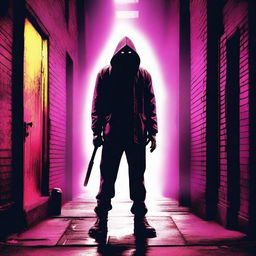 Create a 1980s style maniac poster featuring a menacing figure in a dark alleyway