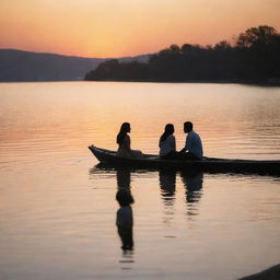 A couple finding each other at a peaceful riverside, as the sun sets in the distance. The soft hues of sunset paint the sky and water while the lovers' silhouettes create a heartwarming spectacle over the shimmering water.