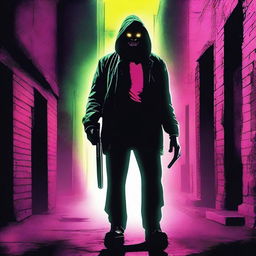 Create a 1980s style maniac poster featuring a menacing figure in a dark alleyway