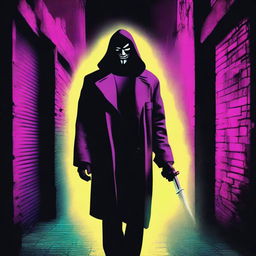 Create a 1980s style maniac poster featuring a menacing figure in a dark alleyway