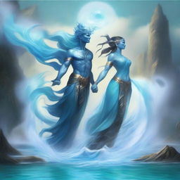 Create an image of two guardians, one representing water and the other representing air