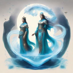 Create an image of two guardians, one representing water and the other representing air