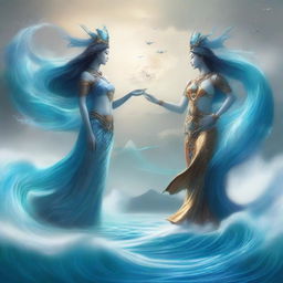 Create an image of two guardians, one representing water and the other representing air