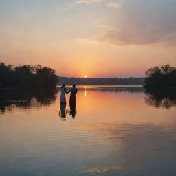 A couple finding each other at a peaceful riverside, as the sun sets in the distance. The soft hues of sunset paint the sky and water while the lovers' silhouettes create a heartwarming spectacle over the shimmering water.