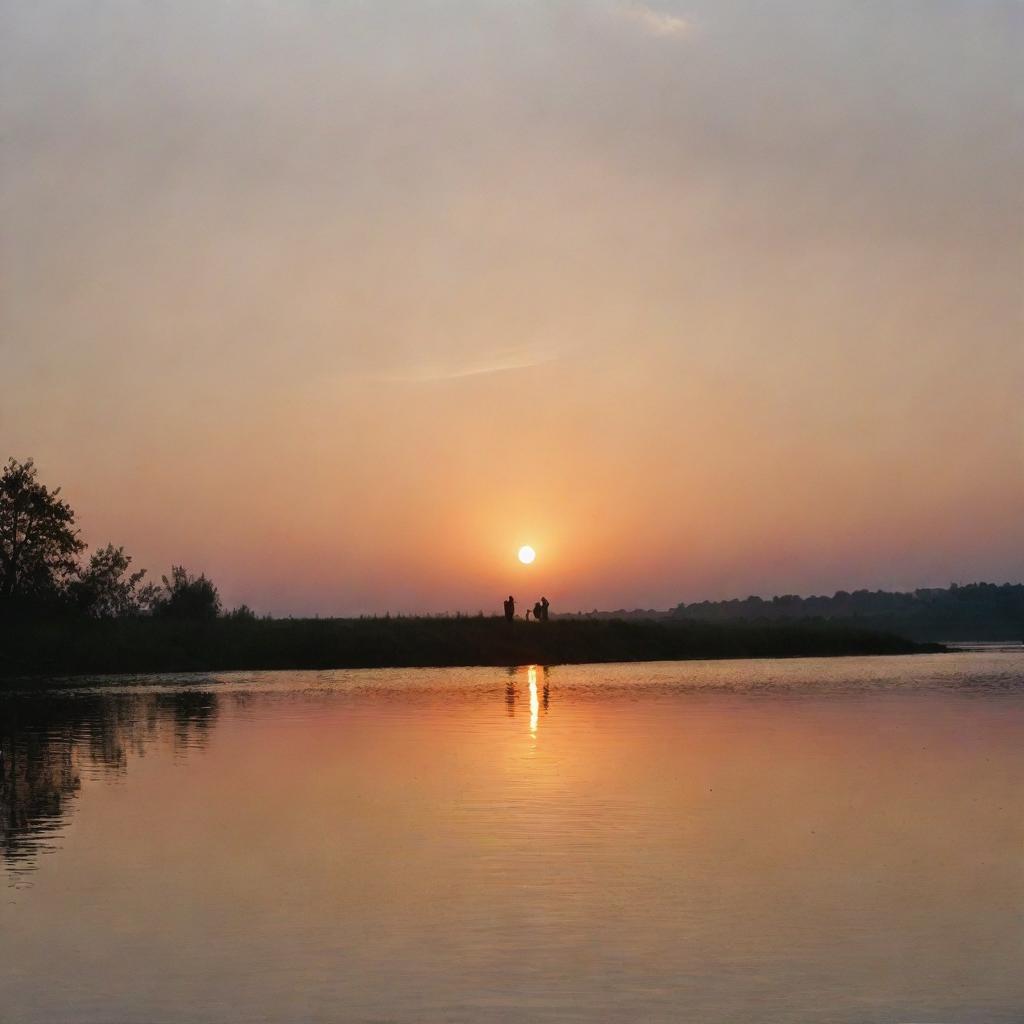 A couple finding each other at a peaceful riverside, as the sun sets in the distance. The soft hues of sunset paint the sky and water while the lovers' silhouettes create a heartwarming spectacle over the shimmering water.