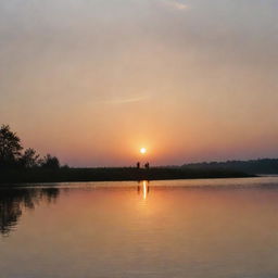 A couple finding each other at a peaceful riverside, as the sun sets in the distance. The soft hues of sunset paint the sky and water while the lovers' silhouettes create a heartwarming spectacle over the shimmering water.