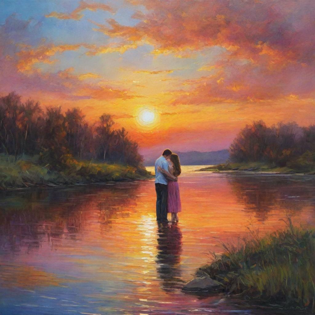 A deeply romantic scene of a couple embraced on the riverbank under a breathtaking sunset. The sun casts a vibrant array of colors across the sky and water, surrounding the lovers in an enchanting light as they share a tender moment.