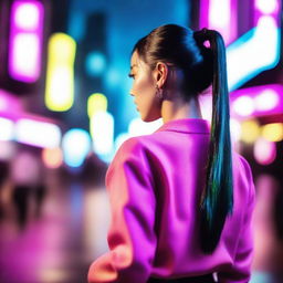 A beautiful Asian woman with pigtails, viewed from behind