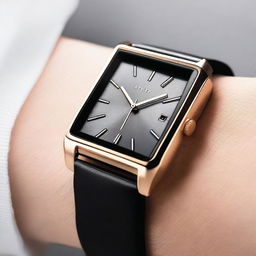 A detailed image of a modern square watch with a sleek design