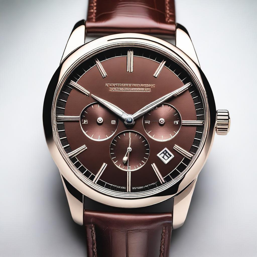 A detailed image of a wristwatch with a brown dial