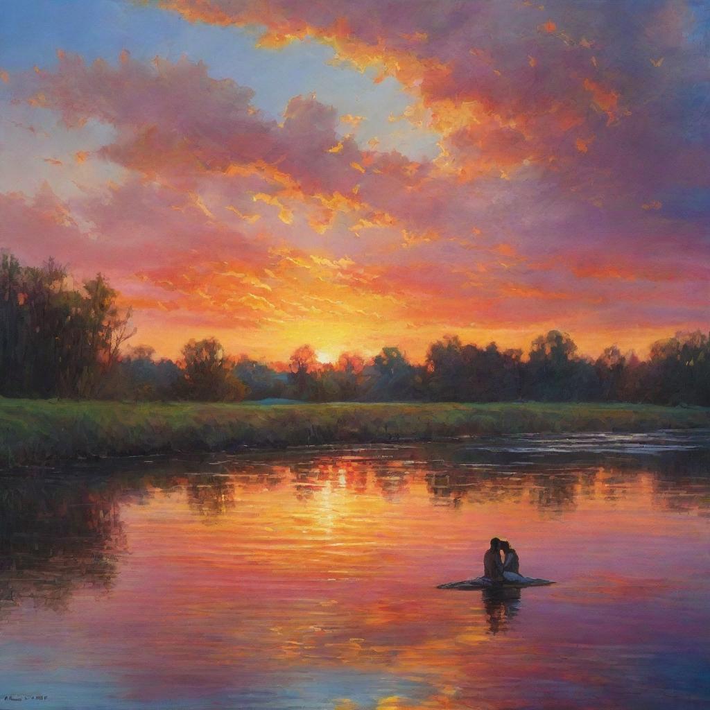 A deeply romantic scene of a couple embraced on the riverbank under a breathtaking sunset. The sun casts a vibrant array of colors across the sky and water, surrounding the lovers in an enchanting light as they share a tender moment.