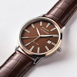 A detailed image of a wristwatch with a brown dial