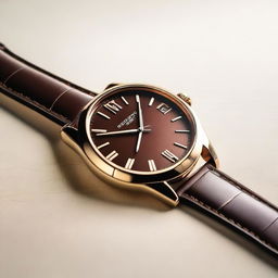 A detailed image of a wristwatch with a brown dial