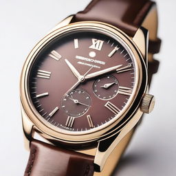 A detailed image of a wristwatch with a brown dial