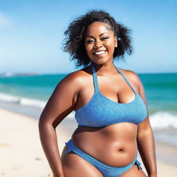 A curvy black woman with pigtails, wearing a bikini