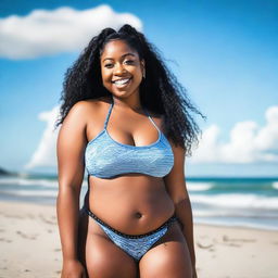 A curvy black woman with pigtails, wearing a bikini