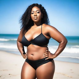 A curvy black woman with pigtails, wearing a bikini